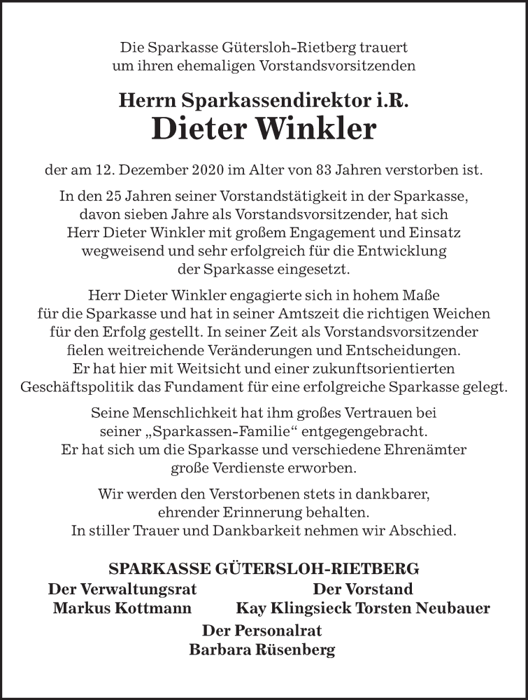  Traueranzeige für Dieter Winkler vom 19.12.2020 aus Die Glocke