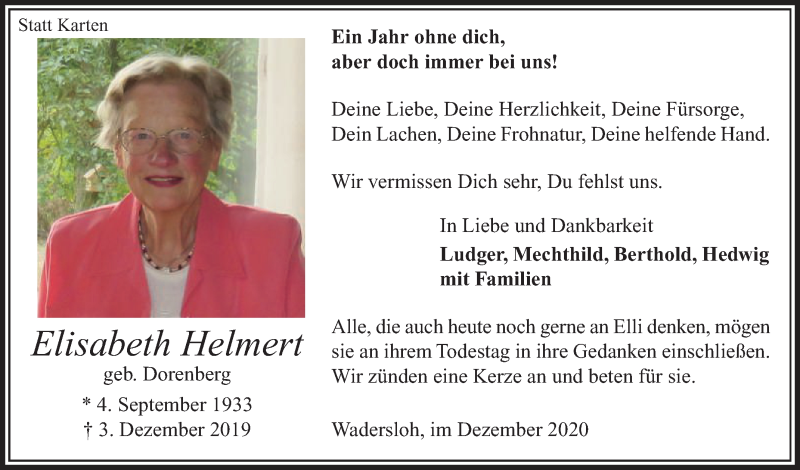  Traueranzeige für Elisabeth Helmert vom 02.12.2020 aus Die Glocke