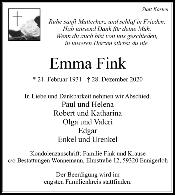 Traueranzeige von Emma Fink von Die Glocke