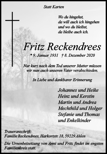 Traueranzeige von Fritz Reckendrees von Die Glocke