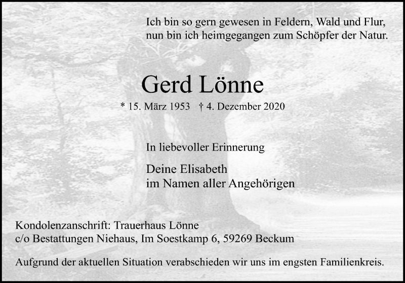  Traueranzeige für Gerd Lönne vom 09.12.2020 aus Die Glocke
