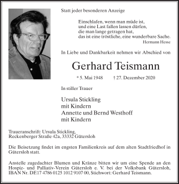 Traueranzeige von Gerhard Teismann von Die Glocke