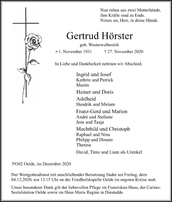 Traueranzeige von Gertrud Hörster von Die Glocke