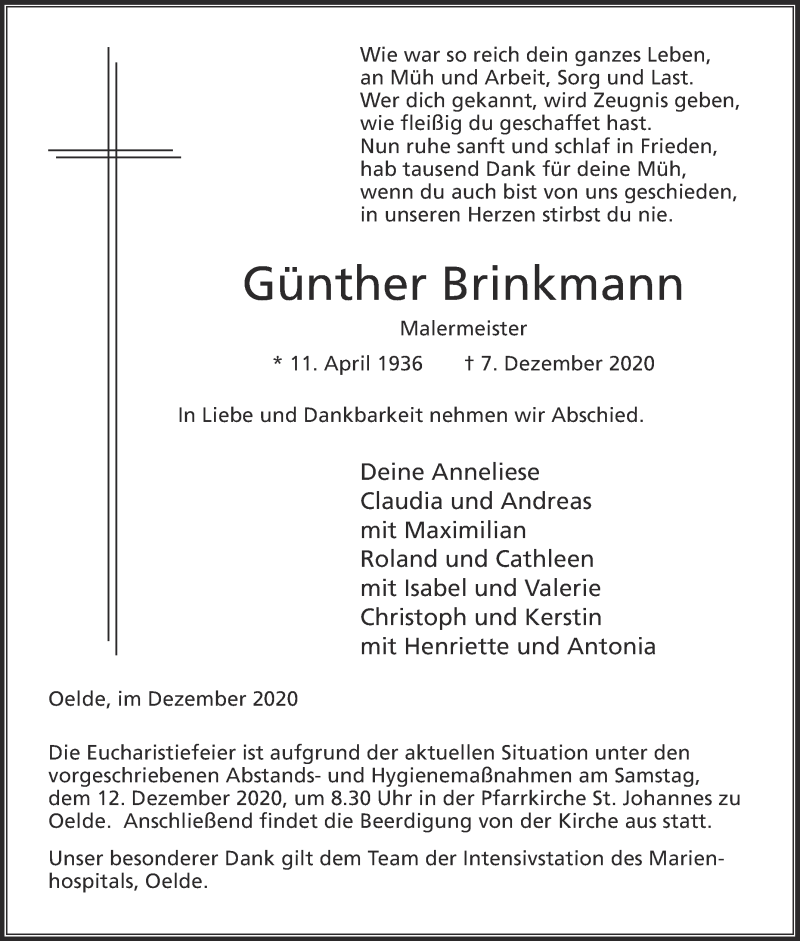  Traueranzeige für Günther Brinkmann vom 09.12.2020 aus Die Glocke