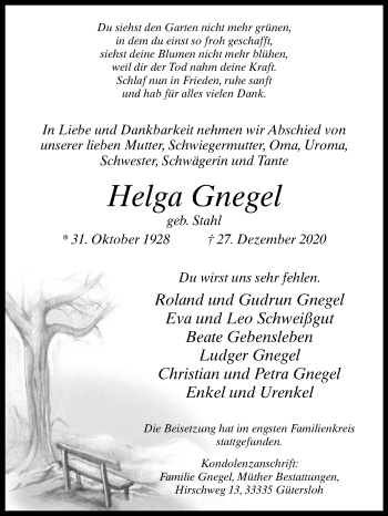 Traueranzeige von Helga Gnegel von Die Glocke