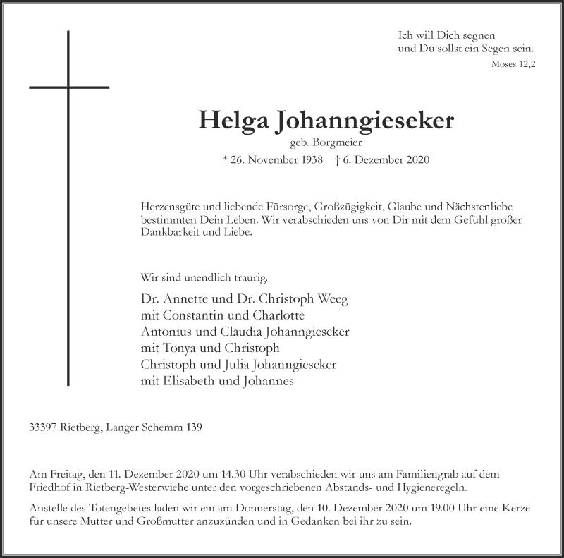  Traueranzeige für Helga Johanngieseker vom 09.12.2020 aus Die Glocke