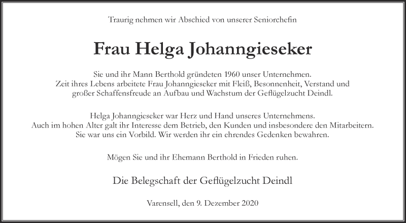  Traueranzeige für Helga Johanngieseker vom 09.12.2020 aus Die Glocke