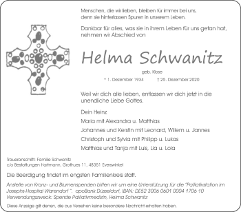 Traueranzeige von Helma Schwanitz von Die Glocke