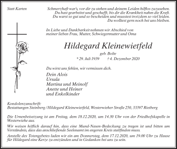 Traueranzeige von Hildegard Kleinewietfeld von Die Glocke