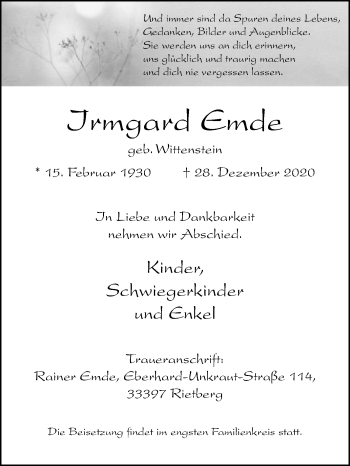 Traueranzeige von Irmgard Emde von Die Glocke