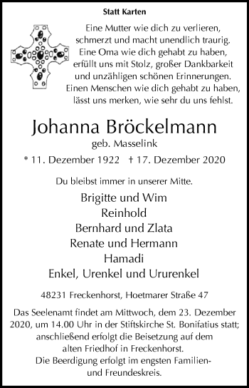 Traueranzeige von Johanna Bröckelmann von Die Glocke