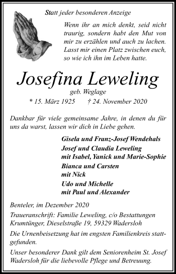 Traueranzeige von Josefina Leweling von Die Glocke