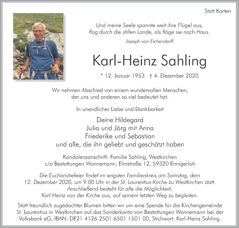  Traueranzeige für Karl-Heinz Sahling vom 09.12.2020 aus Die Glocke