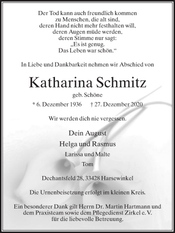 Traueranzeige von Katharina Schmitz von Die Glocke