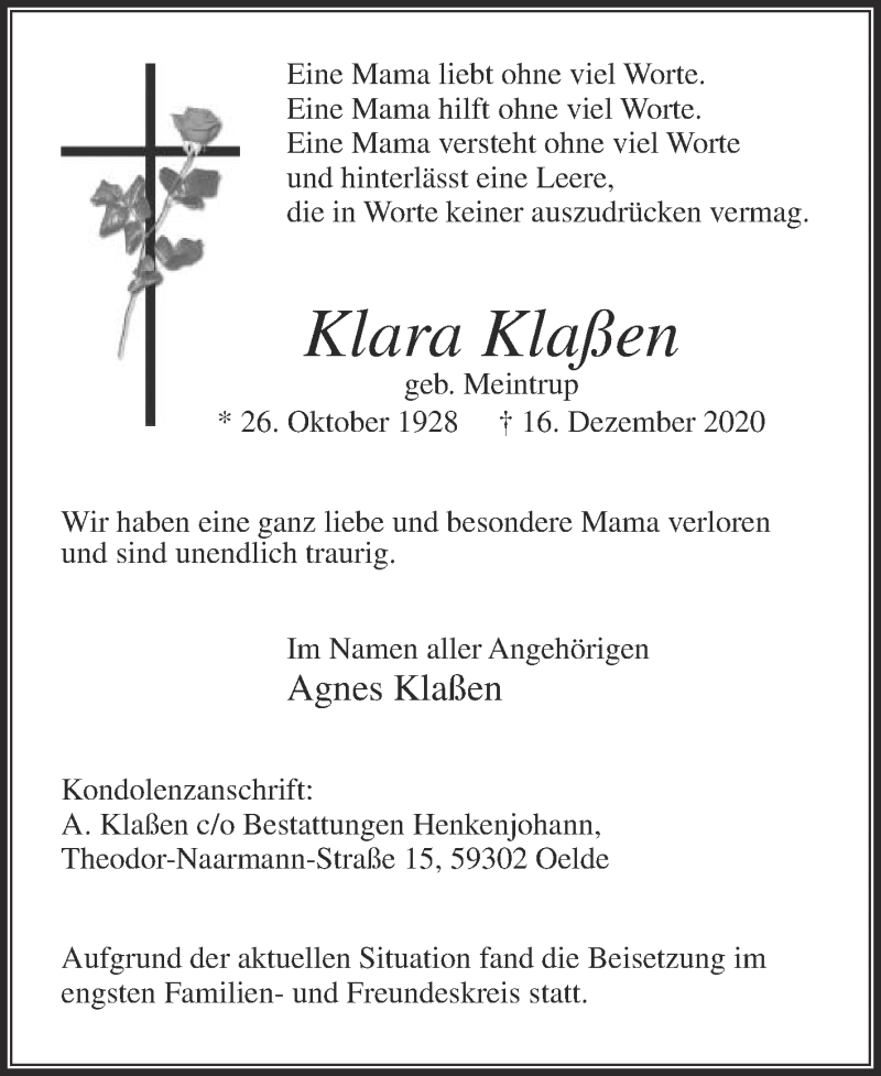  Traueranzeige für Klara Klaßen vom 24.12.2020 aus Die Glocke