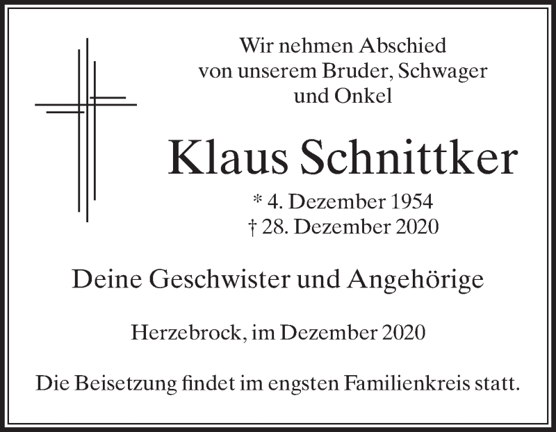  Traueranzeige für Klaus Schnittker vom 31.12.2020 aus Die Glocke