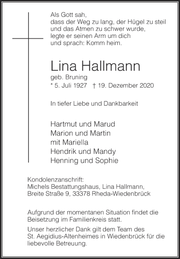 Traueranzeige von Lina Hallmann von Die Glocke