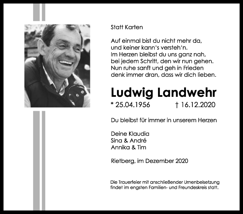  Traueranzeige für Ludwig Landwehr vom 19.12.2020 aus Die Glocke
