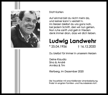 Traueranzeige von Ludwig Landwehr von Die Glocke