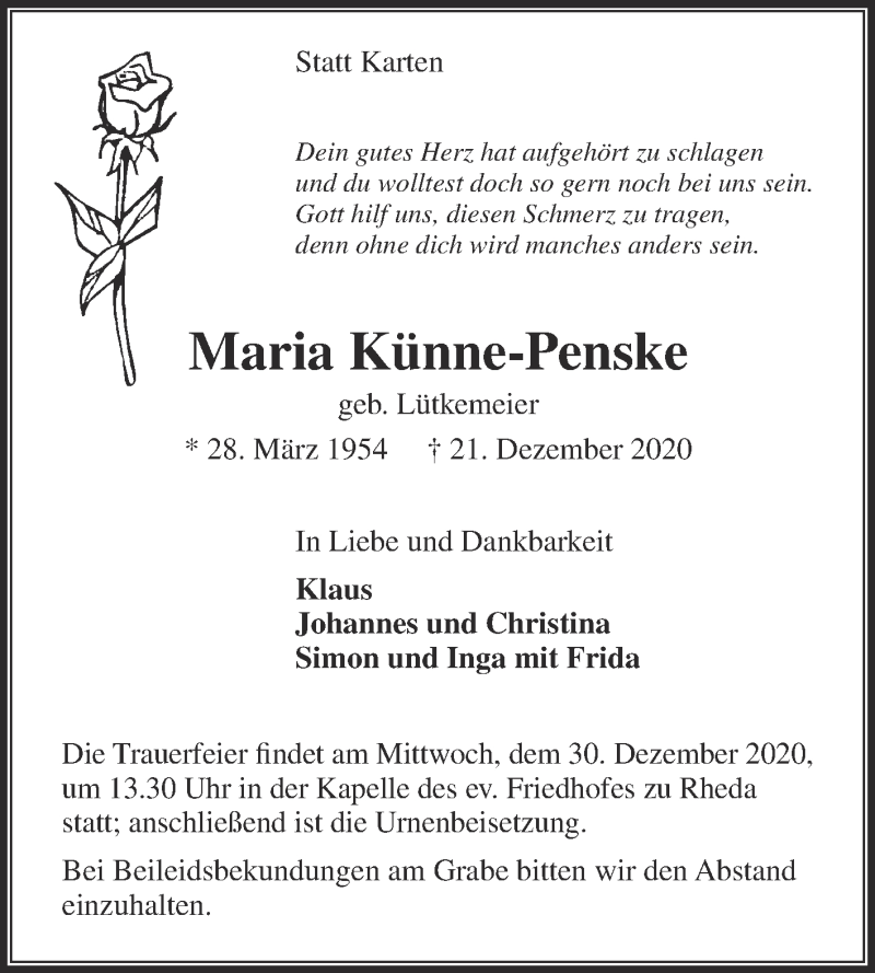  Traueranzeige für Maria Künne-Penske vom 24.12.2020 aus Die Glocke