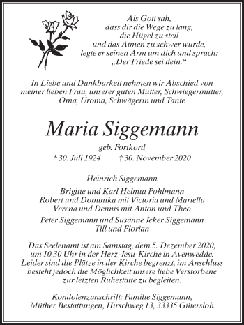 Traueranzeige von Maria Siggemann von Die Glocke