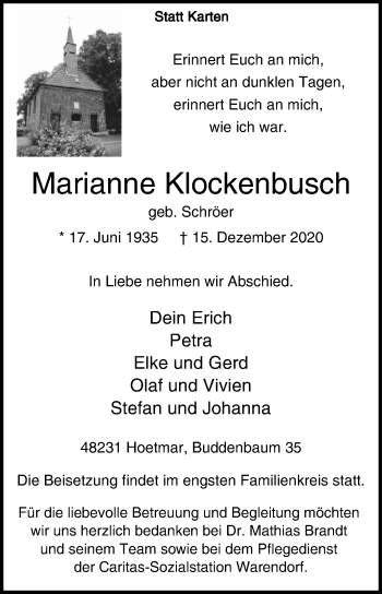 Traueranzeige von Marianne Klockenbusch von Die Glocke