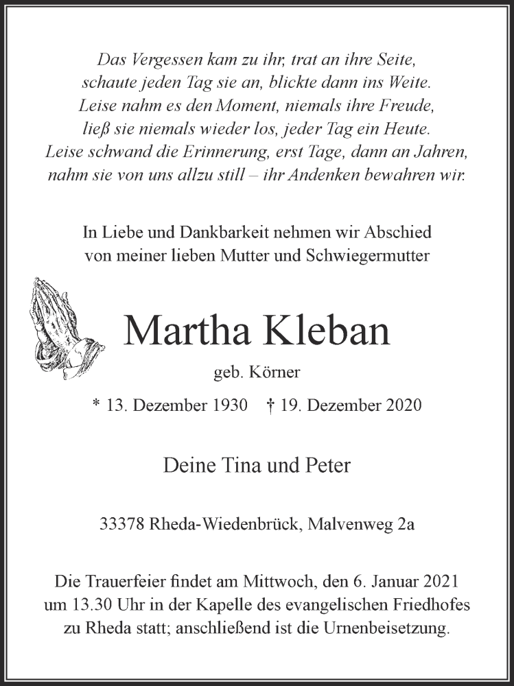  Traueranzeige für Martha Kleban vom 31.12.2020 aus Die Glocke