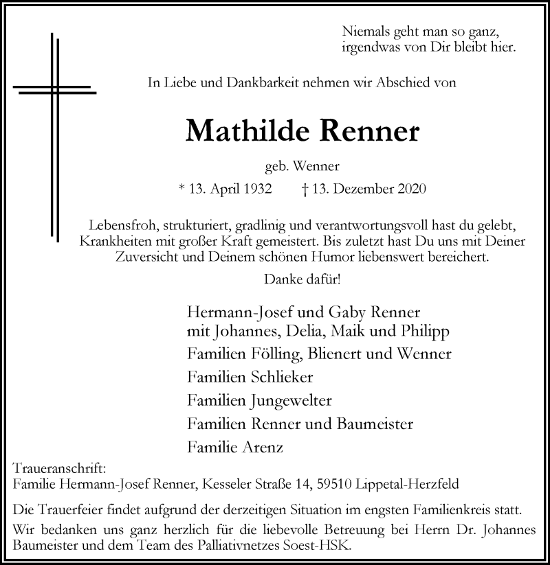  Traueranzeige für Mathilde Renner vom 17.12.2020 aus Die Glocke