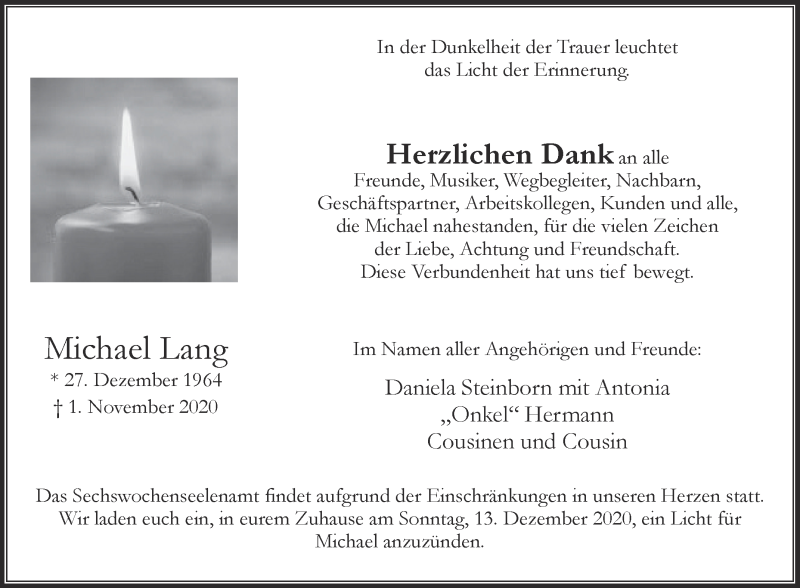  Traueranzeige für Michael Lang vom 12.12.2020 aus Die Glocke