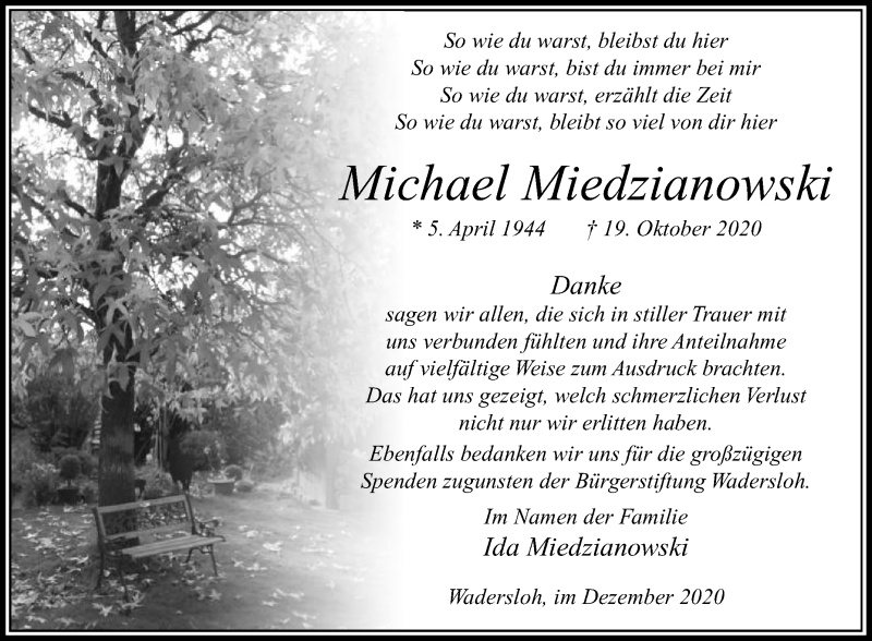  Traueranzeige für Michael Miedzianowski vom 05.12.2020 aus Die Glocke