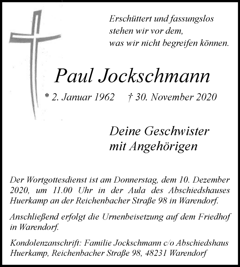  Traueranzeige für Paul Jockschmann vom 05.12.2020 aus Die Glocke