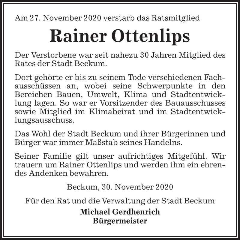  Traueranzeige für Rainer Ottenlips vom 02.12.2020 aus Die Glocke