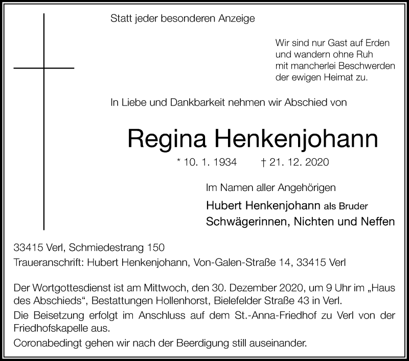  Traueranzeige für Regina Henkenjohann vom 23.12.2020 aus Die Glocke