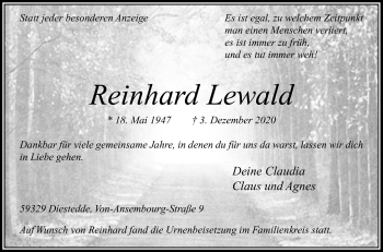 Traueranzeige von Reinhard Lewald von Die Glocke