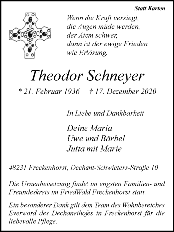 Traueranzeige von Theodor Schneyer von Die Glocke