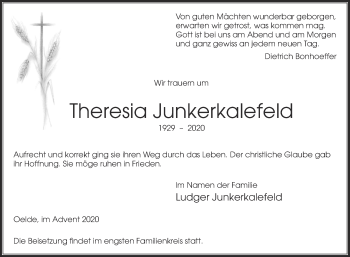 Traueranzeige von Theresia Junkerkalefeld von Die Glocke