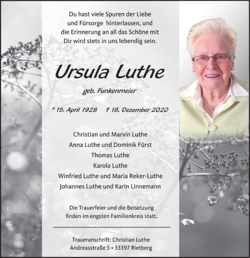  Traueranzeige für Ursula Luthe vom 24.12.2020 aus Die Glocke