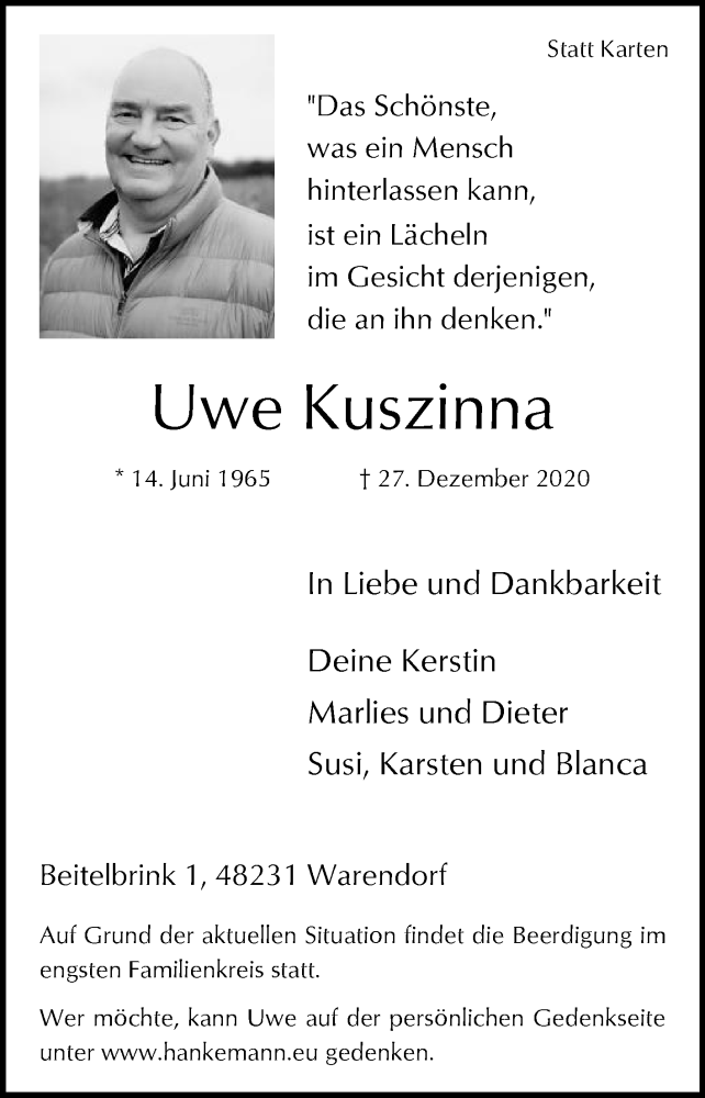  Traueranzeige für Uwe Kuszinna vom 31.12.2020 aus Die Glocke