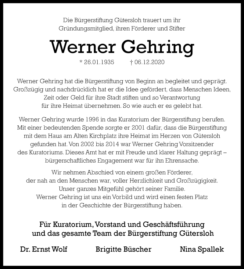  Traueranzeige für Werner Gehring vom 11.12.2020 aus Die Glocke