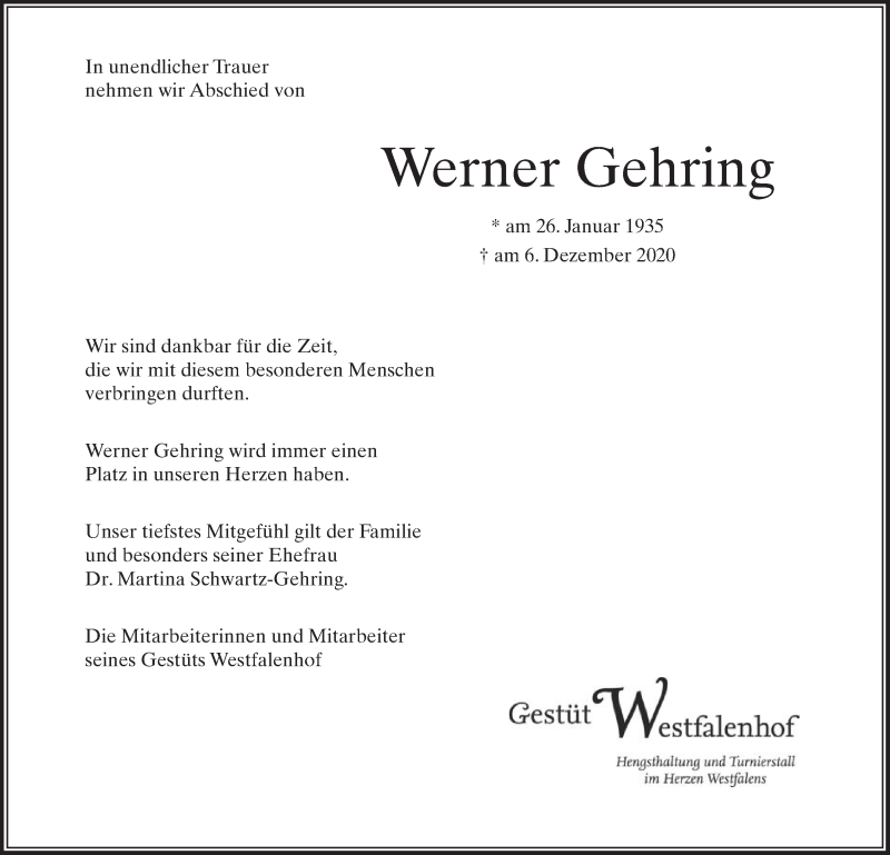  Traueranzeige für Werner Gehring vom 11.12.2020 aus Die Glocke