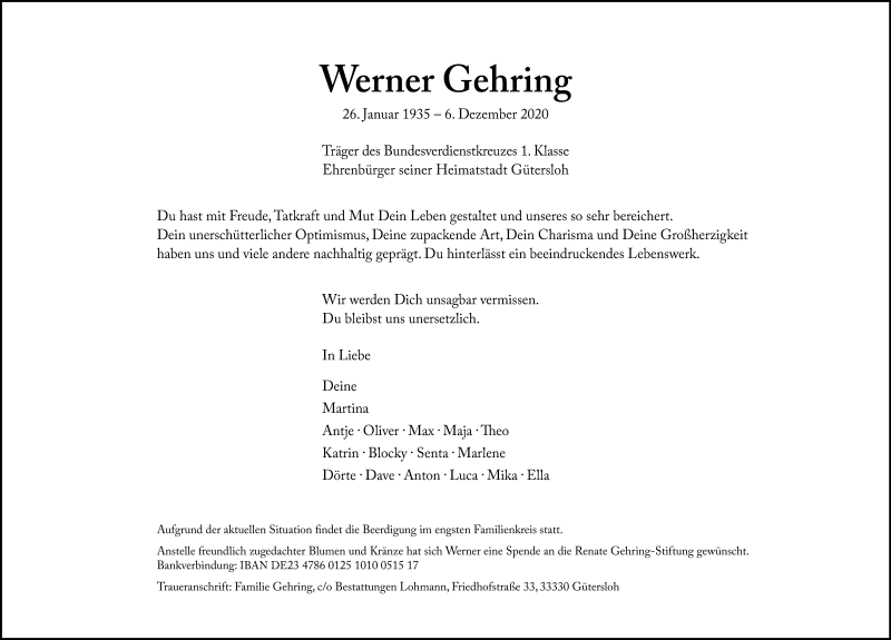  Traueranzeige für Werner Gehring vom 11.12.2020 aus Die Glocke