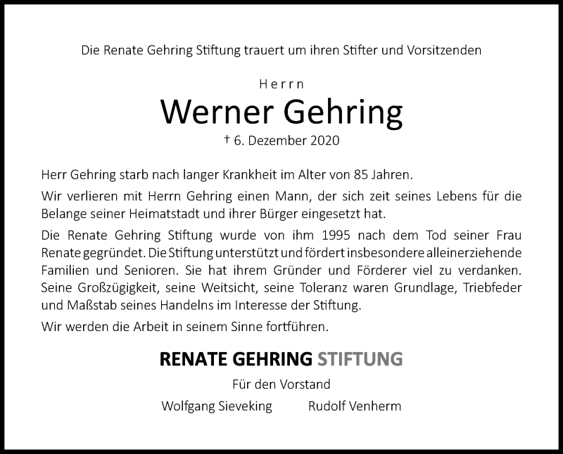  Traueranzeige für Werner Gehring vom 11.12.2020 aus Die Glocke