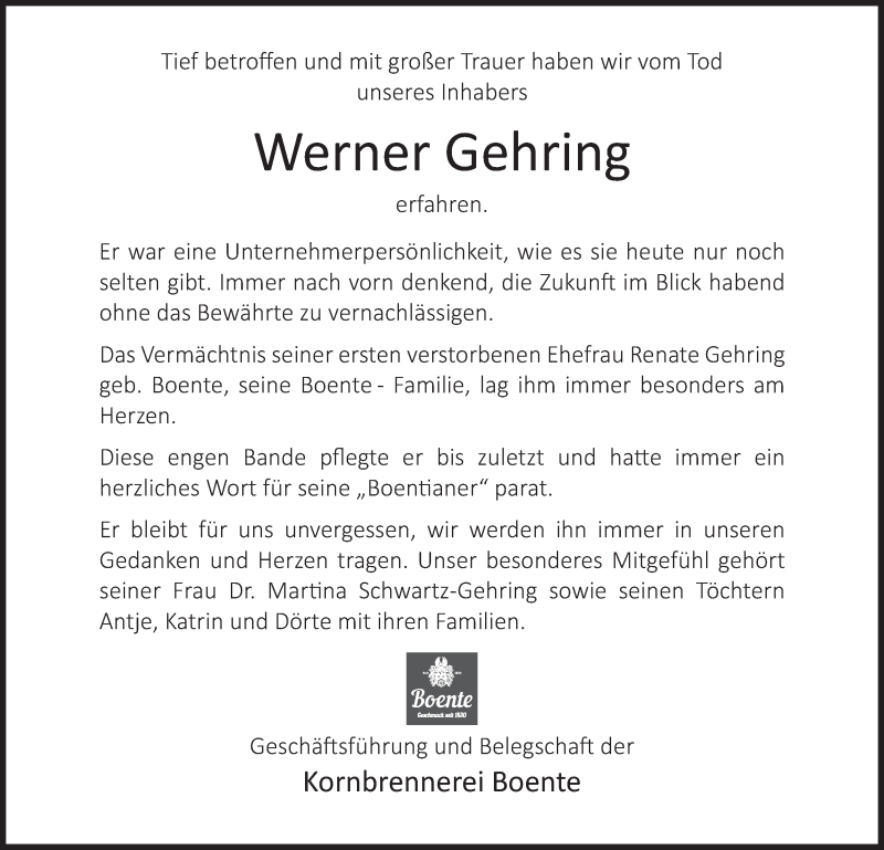  Traueranzeige für Werner Gehring vom 11.12.2020 aus Die Glocke