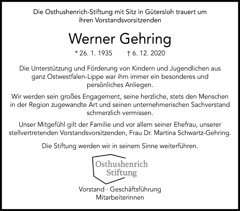  Traueranzeige für Werner Gehring vom 11.12.2020 aus Die Glocke