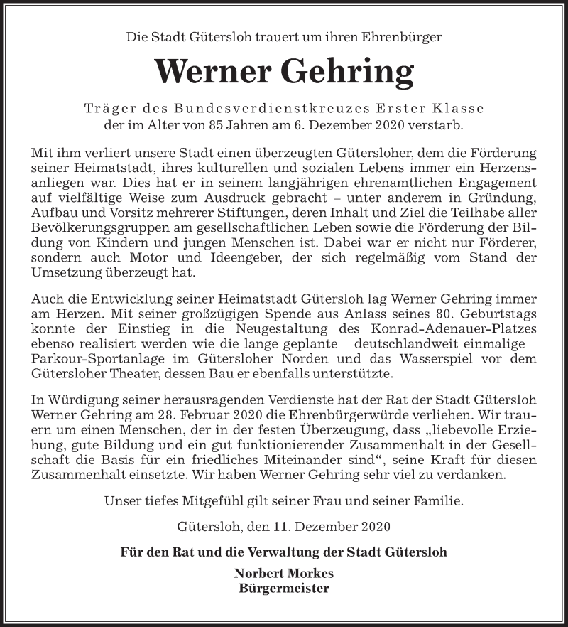 Traueranzeige für Werner Gehring vom 11.12.2020 aus Die Glocke