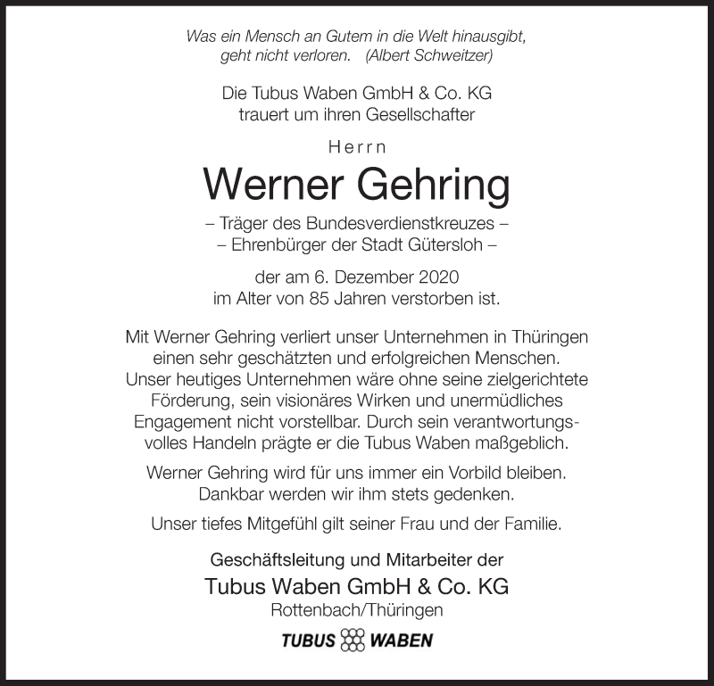  Traueranzeige für Werner Gehring vom 11.12.2020 aus Die Glocke