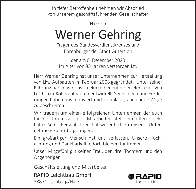  Traueranzeige für Werner Gehring vom 11.12.2020 aus Die Glocke