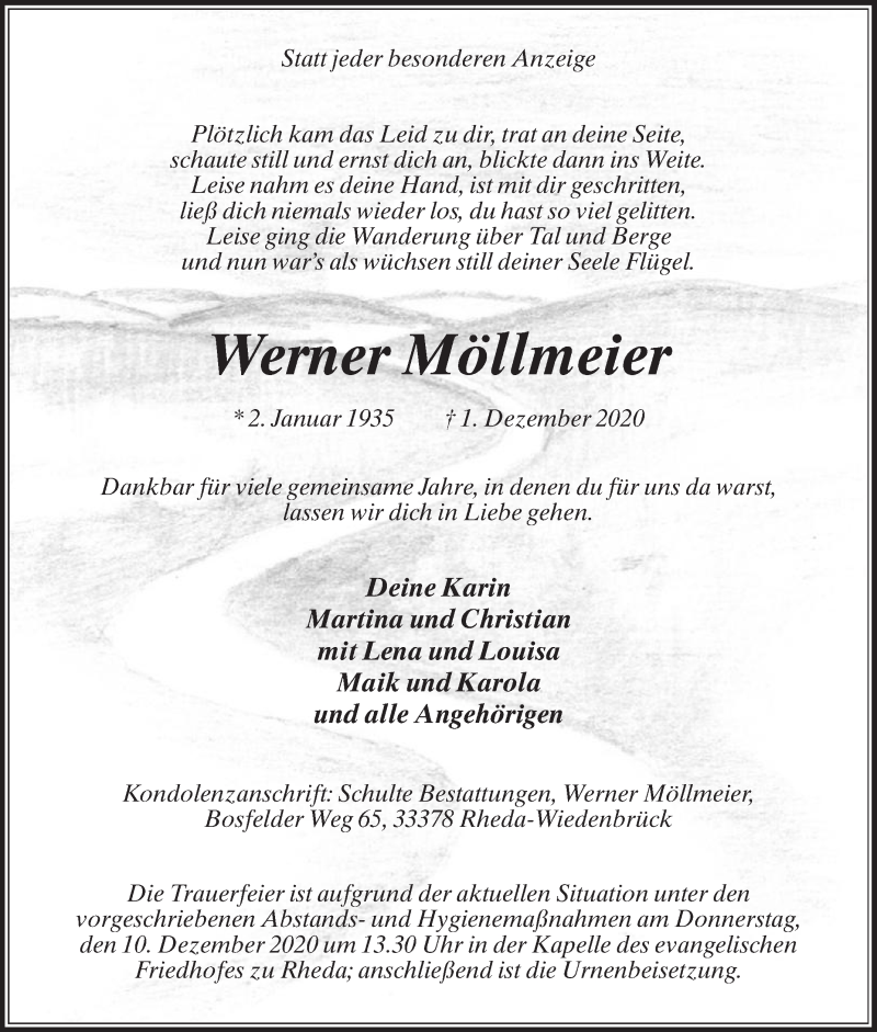  Traueranzeige für Werner Möllmeier vom 07.12.2020 aus Die Glocke