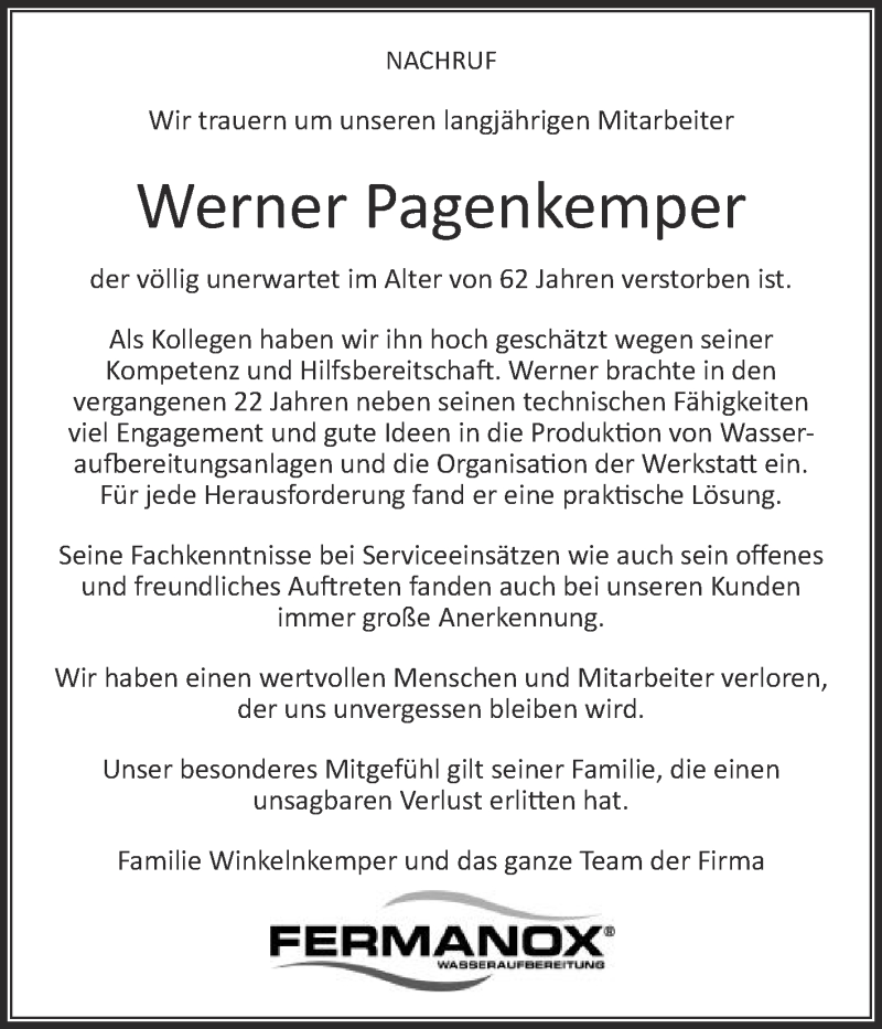 Traueranzeige für Werner Pagenkemper vom 12.12.2020 aus Die Glocke