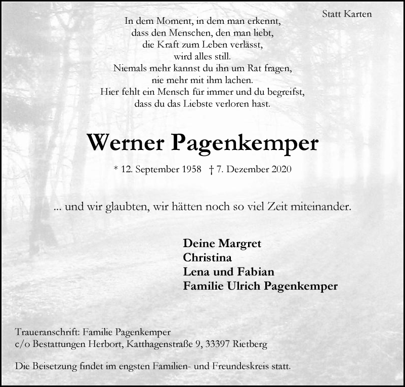  Traueranzeige für Werner Pagenkemper vom 12.12.2020 aus Die Glocke